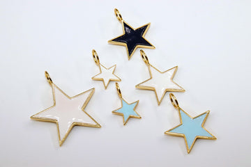 Star Charms and Pendants, Small or Large Gold Starburst in White, Black or Baby Blue Enamel Big Hole Bails